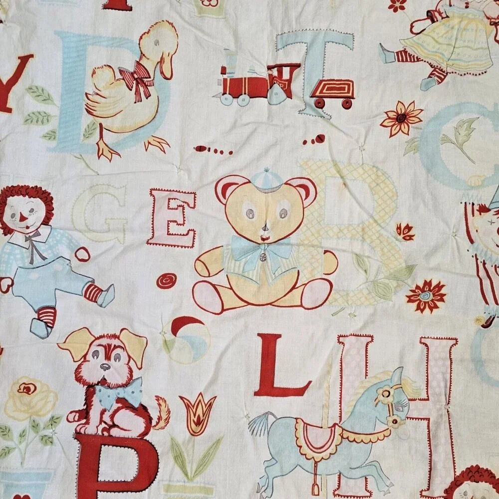 Vintage 60s 70s Kitschy Baby Quilt Blanket Reversible Alphabet Animals Checkered